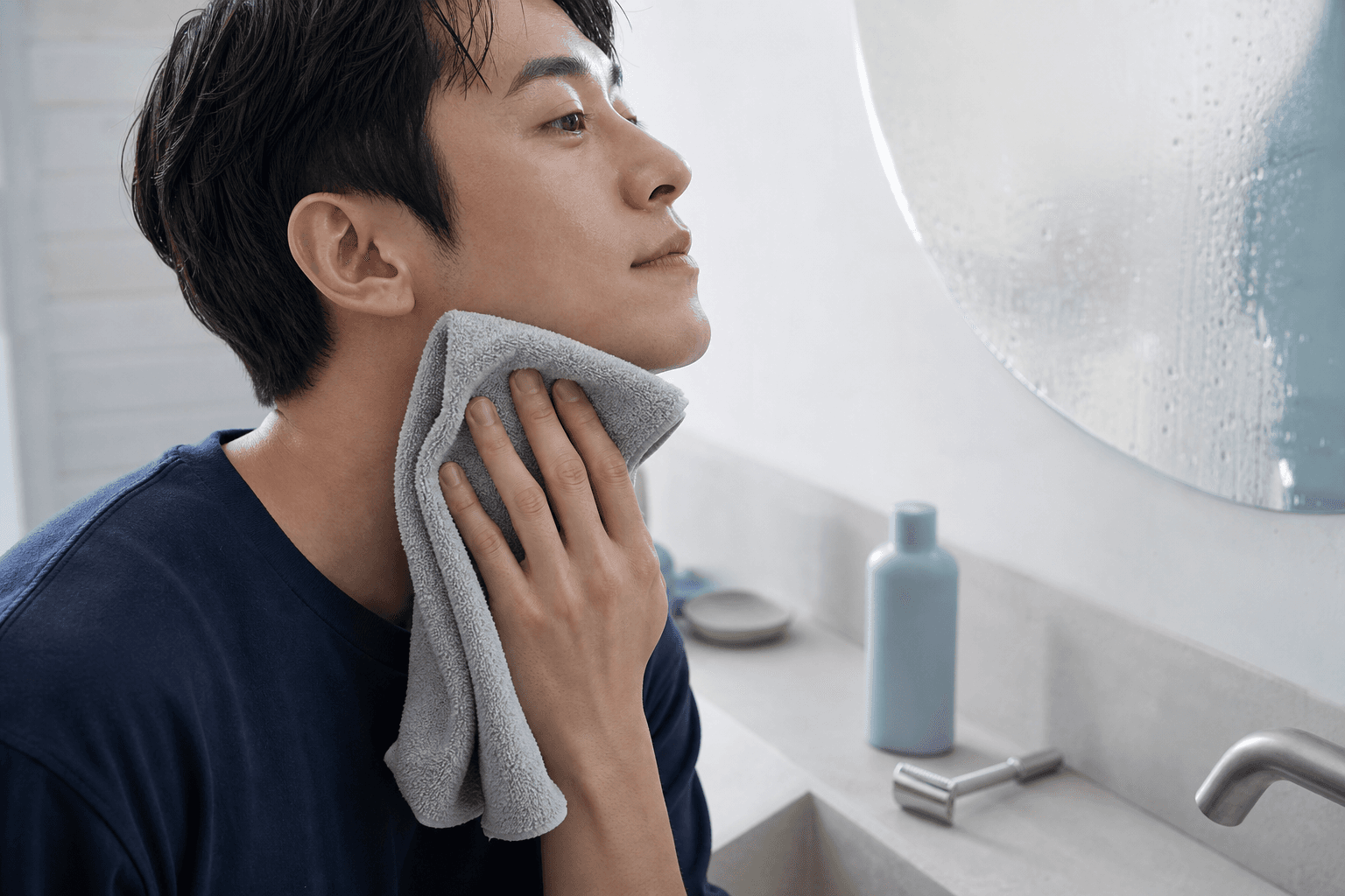 면도 후 차가운 수건으로 턱선을 진정시키는 남성