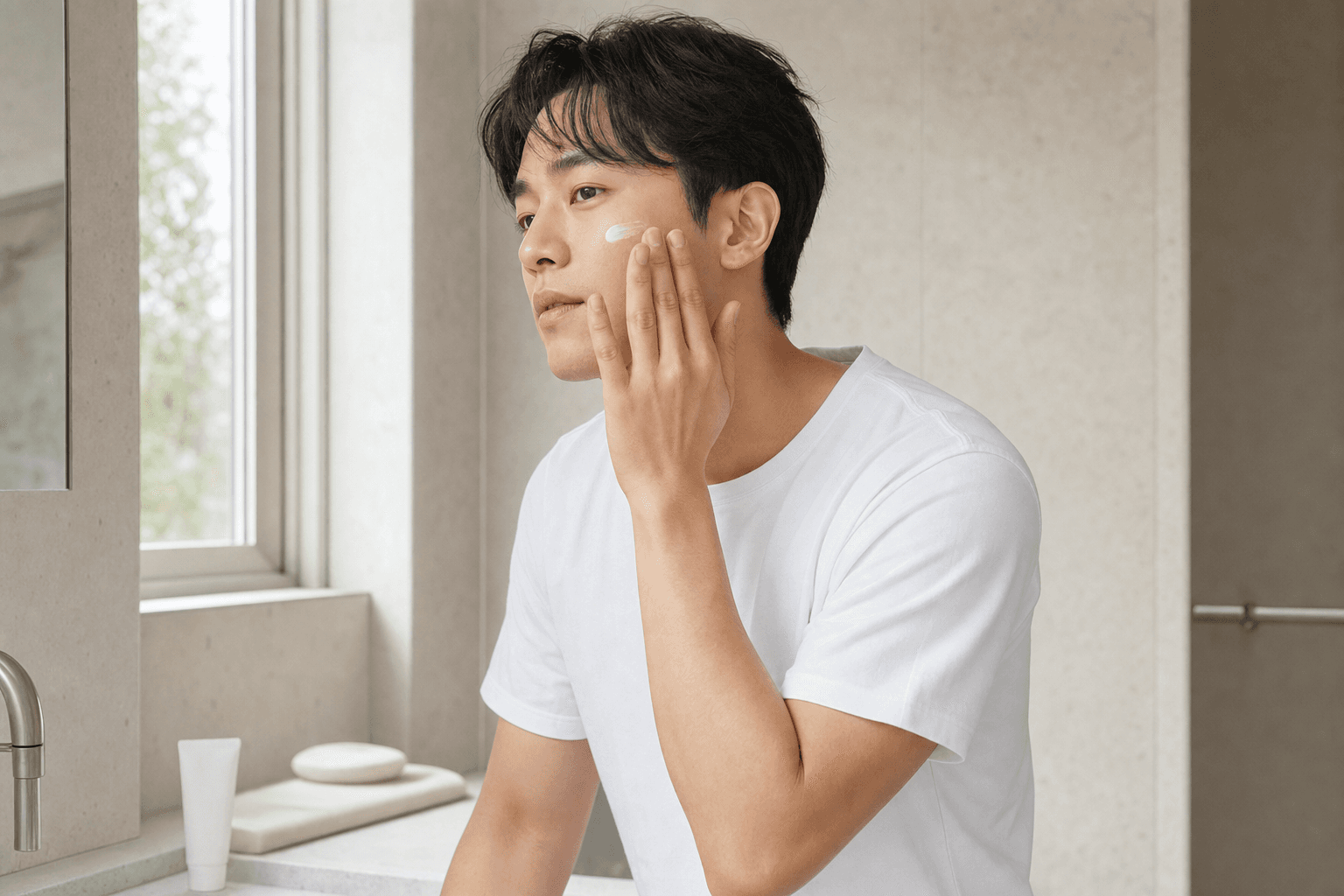 아침 햇살이 드는 욕실에서 선크림을 바르는 남성