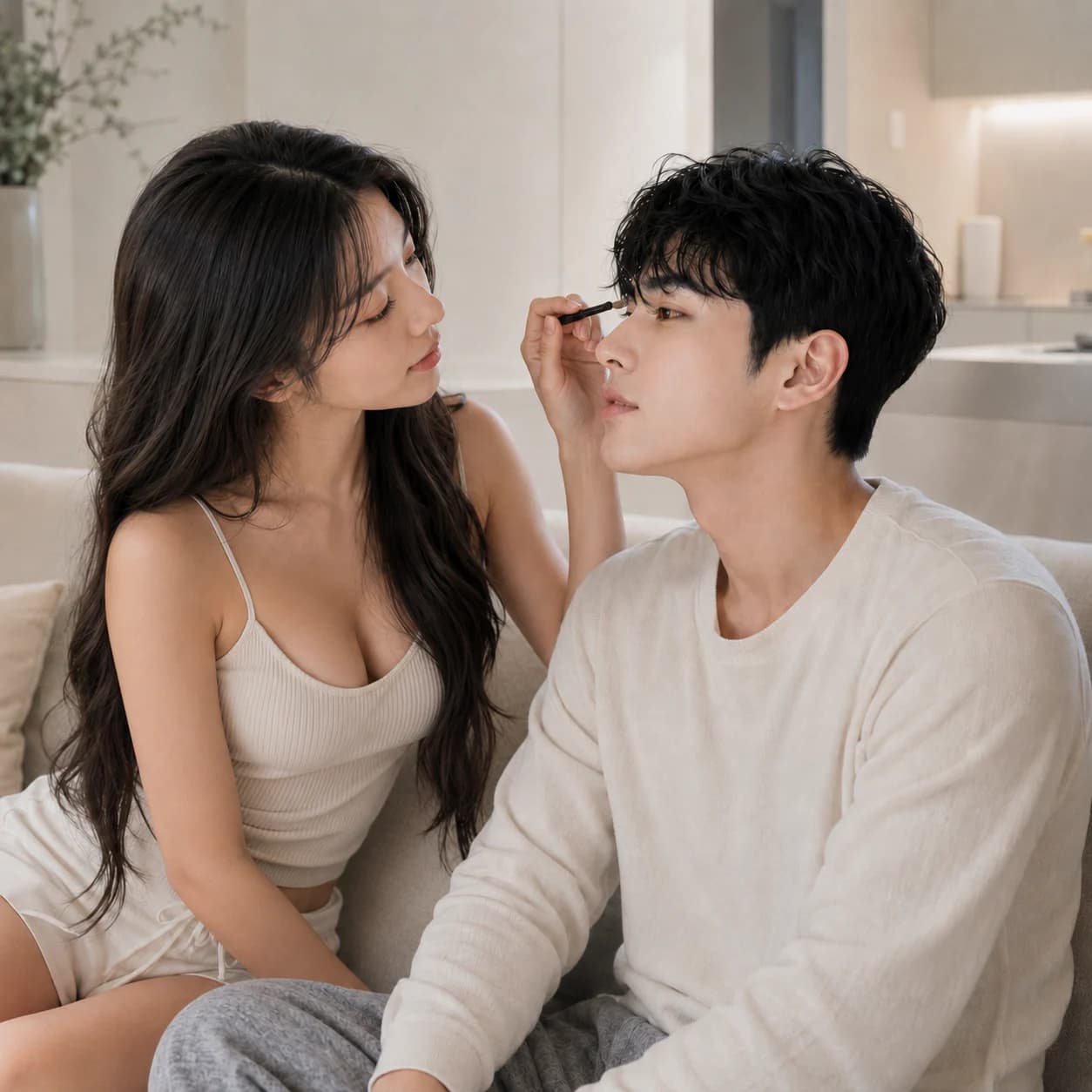 거울 앞에서 머리카락과 두피를 확인하는 남성